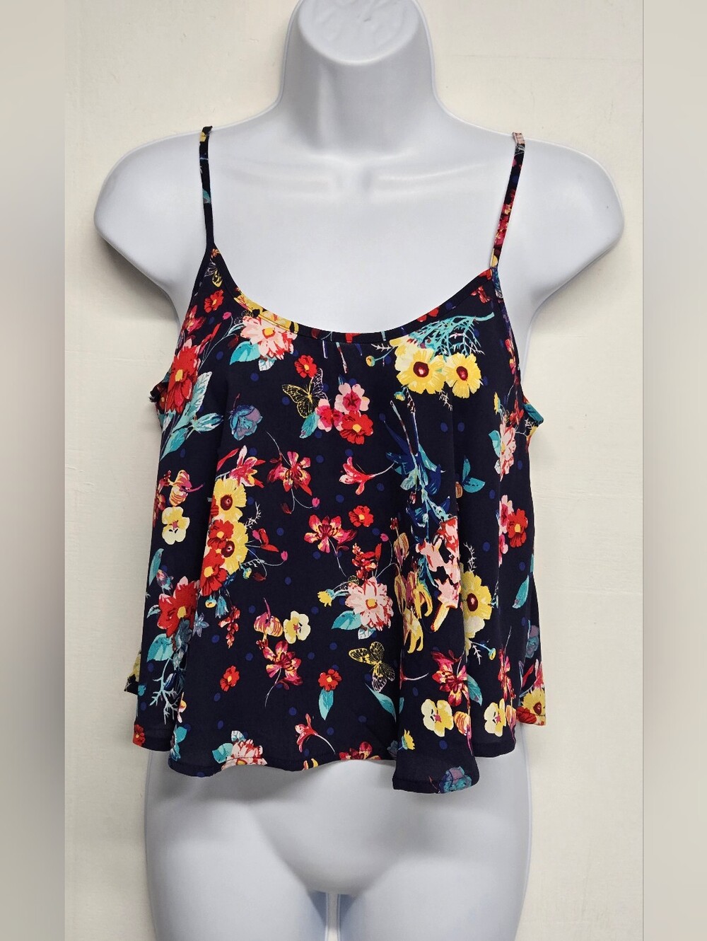 Ambiance Apparel S Blue Floral Cami Top Spaghetti Straps Flare